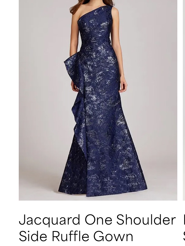 Rickie Freeman For Teri Jon Navy One-Shoulder Metallic Gown